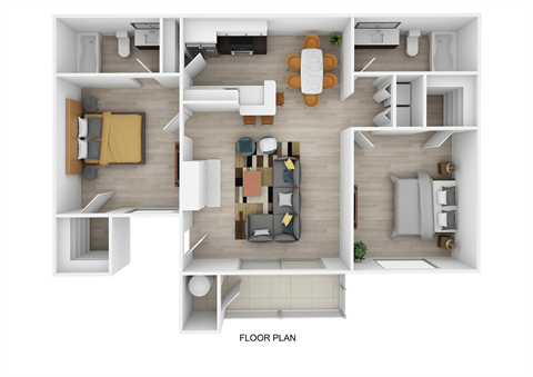 A floor plan of a house with a living room, kitchen, dining room, and bedrooms.
